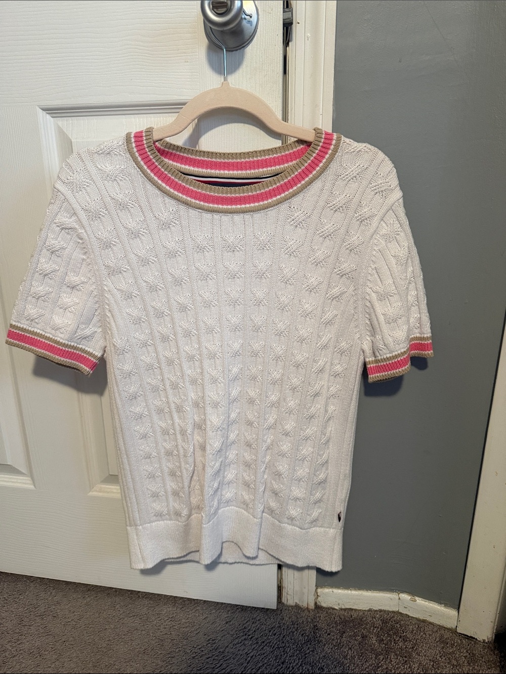 Tommy Hilfiger White Cable Knit Short-Sleeve Sweater with Pink Trim